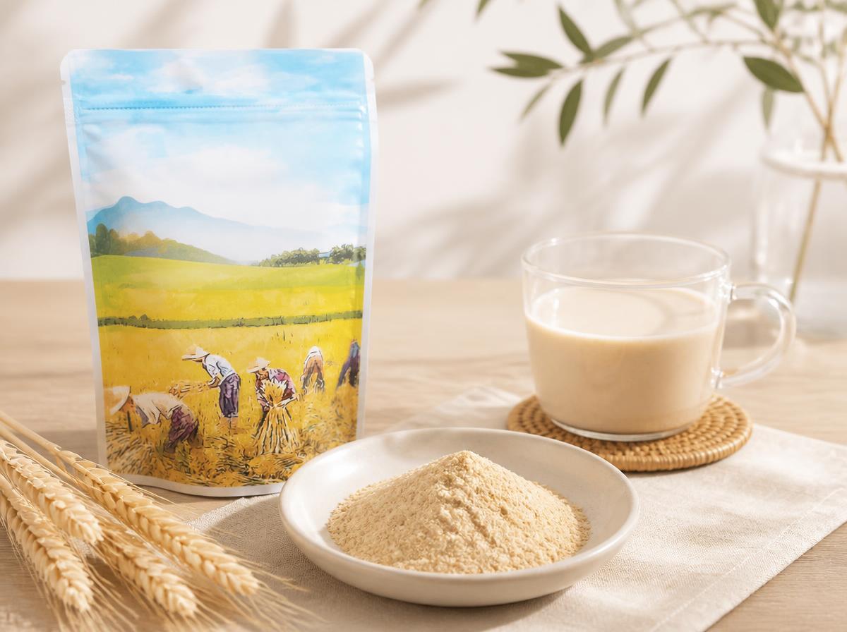 質感純淨的小麥胚芽粉末與沖泡展示