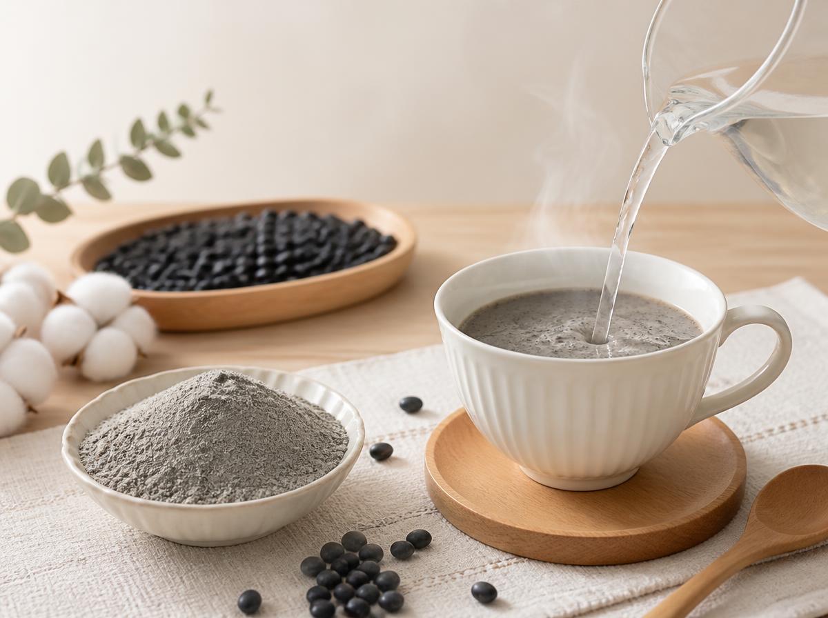 質感純淨的黑豆粉末與溫水沖泡