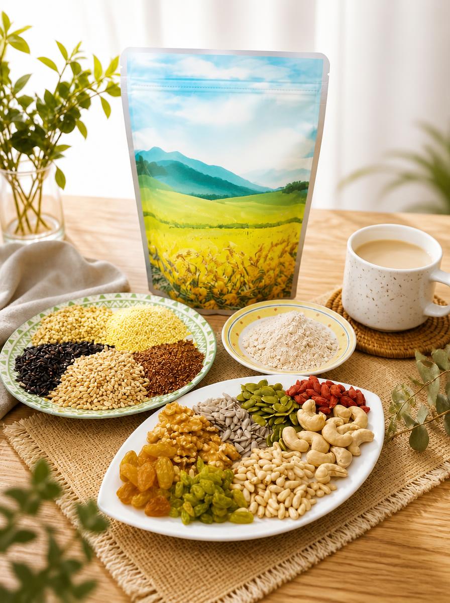 綜穀堅果飲沖泡與堅果穀物特寫